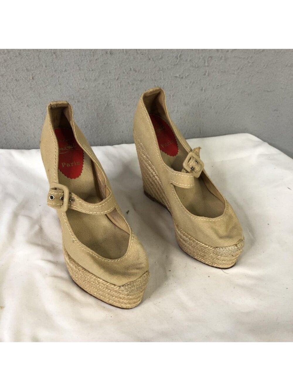 Christian Louboutin Shoes Womens Size 7.5 Beige Canvas Espadrille Wedge Heels